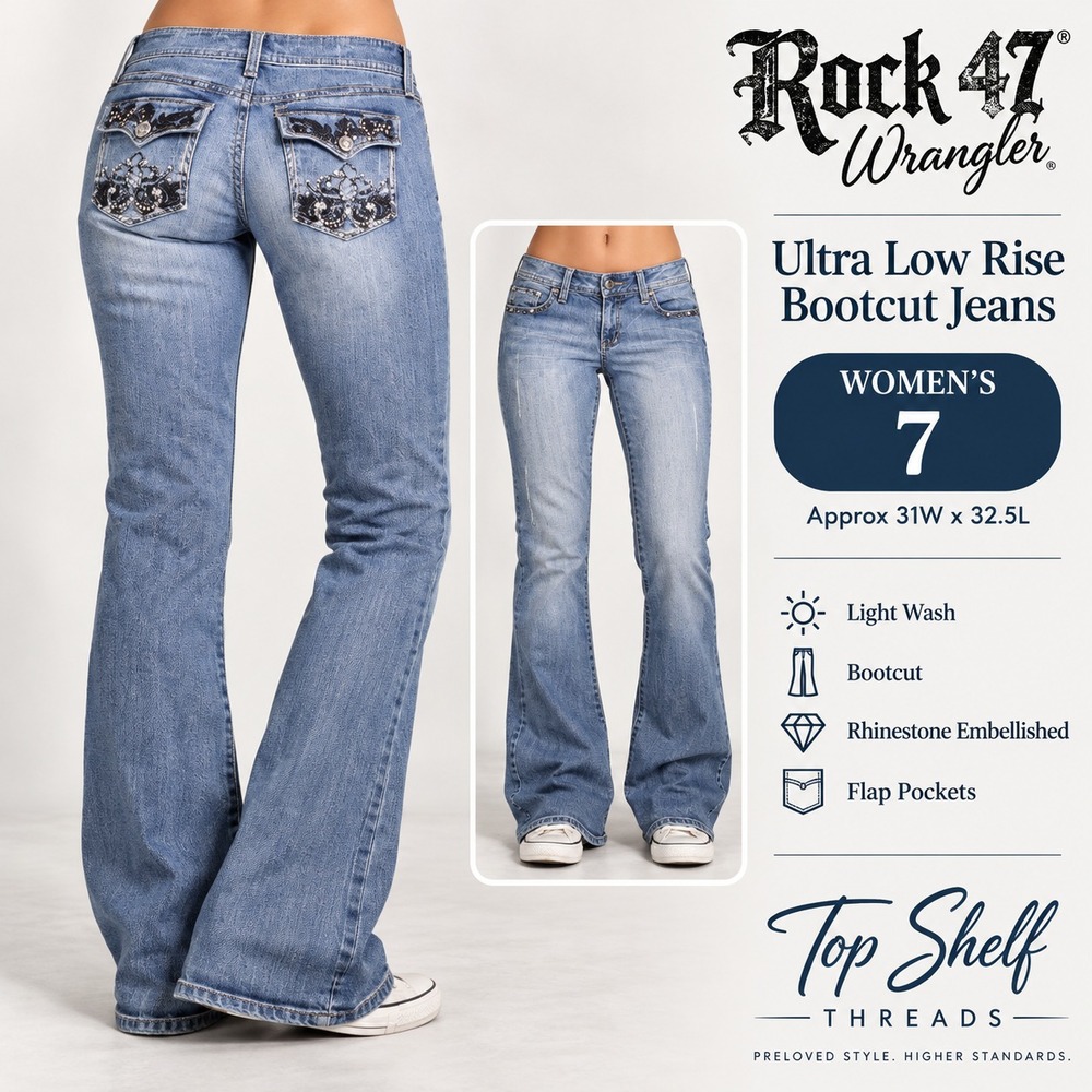 Y2K Rock 47 by Wrangler Jeans Women 7 L34 Blue Rhinestone Bootcut Ultra Low Rise